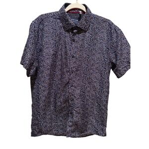 Silver Stone Collection Mens Floral Button Down Shirt Navy Blue Modern Fit Large